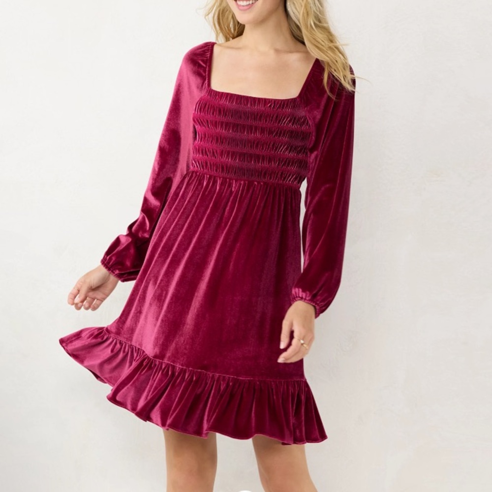 LC Lauren Conrad Raspberry Smocked Velvet Dress - Picture 8 of 8